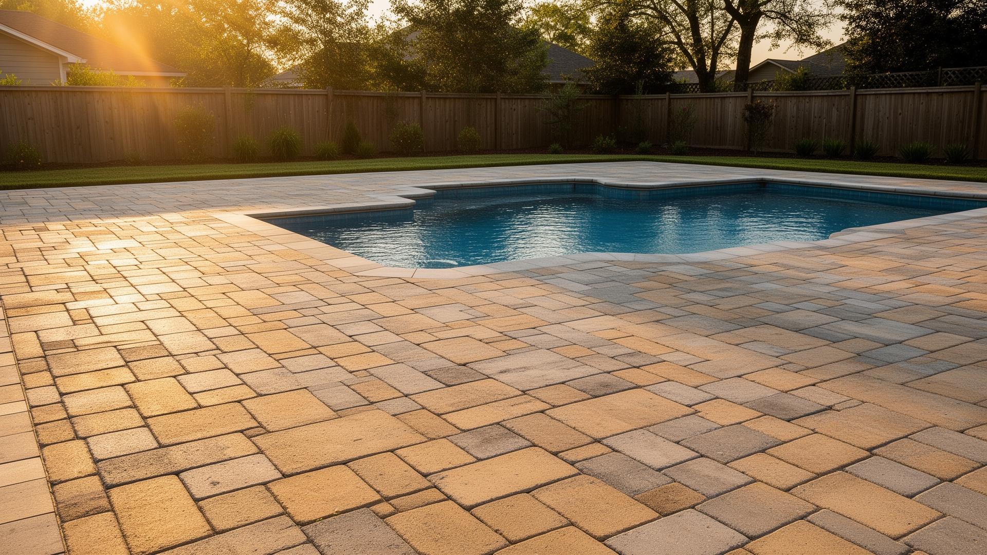 Paver patio surrounding a backyard pool